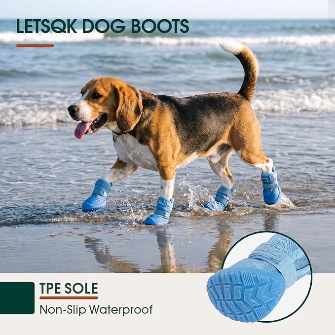 Dog Shoes, Non-Slip Dog Booties for hot Pavement, 4Pcs Blue 3# | Waterproof TPE Sole, Breathable Dog Boots with Reflective Straps, Idear for Hardfloors, Outdoor, Small Medium Paw Protectors