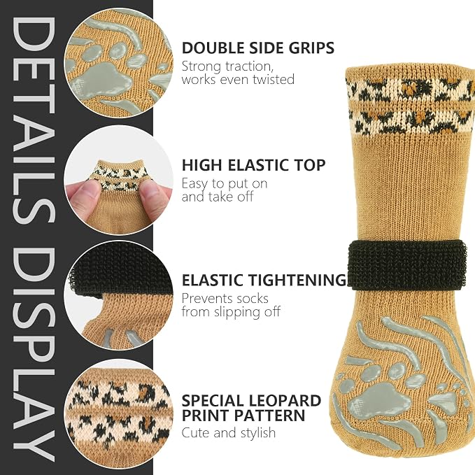 EXPAWLORER Dog Socks for Hot Pavement to Prevent Licking Paws, Non-Slip Dog Grippy Booties Shoes for Hardwood Floors, Traction Control Boots & Paw Protectors for Small Medium Large Senior Dogs Khaki S