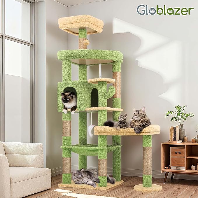 Globlazer Extra Large Platform Cactus Cat Tree, 65in Sturdy Cat Tree for Multiple Indoor Cats Large Adult, Big Cat Tower with 3 Padded Perches, 6 Scratching Posts, Spacious Condo, Hammock, S65, Green