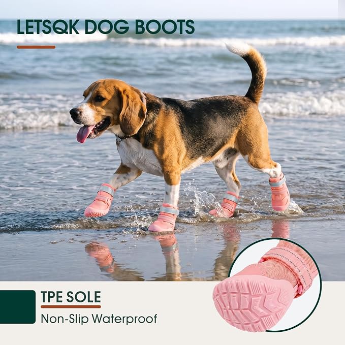 Dog Shoes, Non-Slip Dog Booties for hot Pavement, 4Pcs Pink 3# | Waterproof TPE Sole, Breathable Dog Boots with Reflective Straps, Idear for Hardfloors, Outdoor, Small Medium Paw Protectors