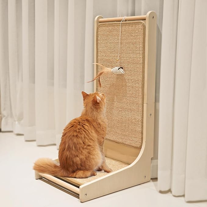 PETKARAY Cat Scratcher, Sisal Cat Scratch Pad, L Shape Scratching Board for Indoor Kitty, Floor Mounted Scratcher with Mouse Toy Catnip