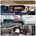 Top and 2 Sides Expandable Cat Carrier 18x13.5x9.5, TSA Airline Approved Dog Carriers for Small Dogs, Soft-Sided Pet Carrier with Self-Locking Zippers for Kitten,Rabbit, Puppy, Guinea Pig Pink