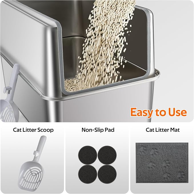 Stainless Steel Litter Box with Metal Lid and Scoop - Enclosed Metal Litter Box for Large Cats, Rust-Resistant, Odor-Control, Easy to Clean, Durable & Long-Lasting with Round Edge (XXL-)
