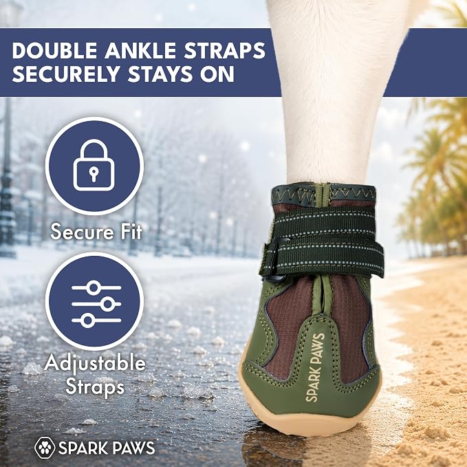 Spark Paws 365 Dog Shoes - All-Season Boots for Winter Snow & Hot Pavement | Water-resistant, anti-slip, stay-on straps - rain, ice & summer booties in one. Reflective; small, medium & large dogs