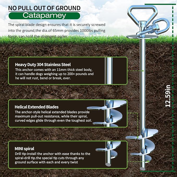 Catapamey Dog Tie Out Cable and Stake,(up to 200lbs) 360° Swivel Dog Run Anchor -with 30FT Heavy Duty Cable,Runner for Yard-Dog Stake for Yard Outdoor Camping
