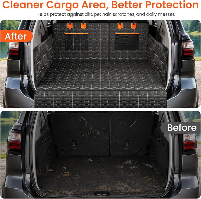 IJVAE SUV Cargo Liner for Dogs, Waterproof Dog Trunk Cover with Bumper Flap Protector, Pet Cargo Mat for SUVs Sedans Vans, Non-Slip Scratchproof Dog Seat Cover，Large Size Universal Fit, Black