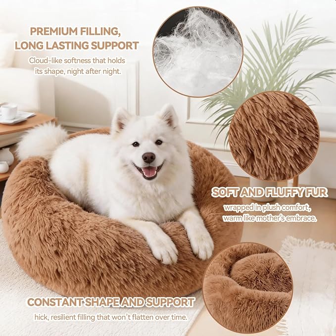 Calming Donut Pet Bed for Cats & Small Dogs, Ultra Soft Fluffy Anti Anxiety Cat Bed with Raised Rim, Washable Plush Round Puppy Bed for Indoor Cats, Kittens, Chihuahua & Yorkie (Khaki, 20 Inch)