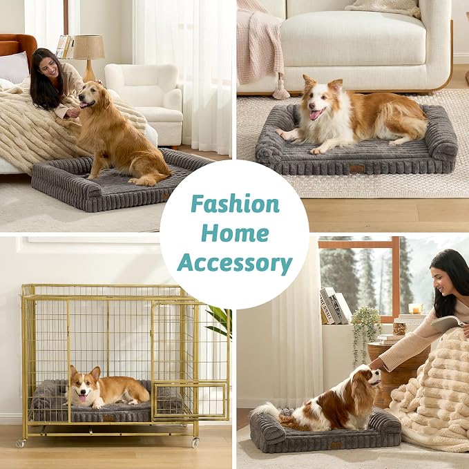 COZY KISS Ultra Soft Faux Rabbit Fur Dog Bed for Large Dogs – 44"x32" Orthopedic Foam Couch, Removable Washable Cover & Waterproof Lining, Grey