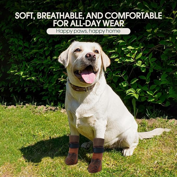 Kuoser Non Slip Dog Socks for Hardwood Floors, Anti-Slip Dog Grippy Socks to Prevent Licking Paws, Double-Sided Traction Dogs Booties Paw Protectors for Small Medium Large Senior Dogs, 4 Pack-Brown XS