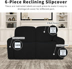 Easy-Going 100% Dual Waterproof Recliner Loveseat Cover, 6-Pieces Stretch Relining Sofa Cover with Pocket, Jacquard 2 Seat Sofa Slipcover Leakproof Washable (Loveseat, Black)