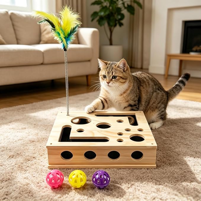Wooden Cat Scratch Puzzle Enrichment Box, Interactive Cat Nail File Enrichment Box with Sandpaper Inside and Bell Ball, Scratch Puzzle Box for Cat Stress Free Alternative to Clippers and Grinders