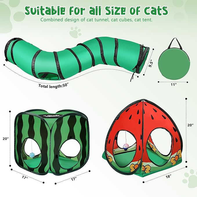 Tailtastic 3-in-1 Watermelon Cat Tunnel with Cube, Tent & Ball for Indoor | 3-way S-tunnel with hide & seek portals & balls, multi-cat cube,30-sec hook-and-loop assembly, foldable for easy storage