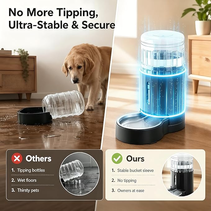 CZPET Dog Water Bowl Dispenser 5L, Wider Mouth Gravity Refilling (Black) | Automatic Cat Waterer with Removable Stainless Steel Bowl, Upgraded Brush, Easy Cleaning, Large Drinking Area for Multi-Pet