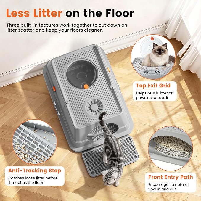 XL Stainless Steel Litter Box with Lid, Enclosed Metal Litter Box | High Sides, Urine and Litter Control, Odor Filter, Flip-Top, Easy-Clean Pan, Scoop & Step, Big Cats, Multi-Cat Homes, Black