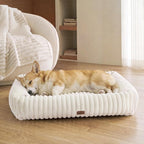 Bedsure ComfyFleece™ Cute Dog Bed Medium Large Size Dog Washable，33in Cream | Furry Big Pet Beds,Square Rectangle Orthopedic Corduroy Aesthetic,Removable Zipper Cover,Non-Slip Bottom,Up To 50 Lbs