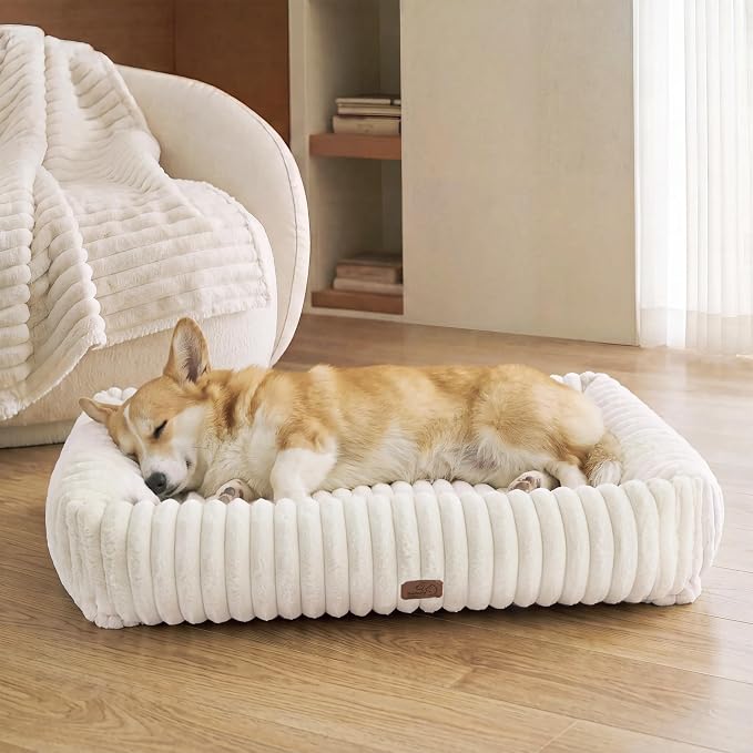 Bedsure ComfyFleece™ Cute Dog Bed Medium Large Size Dog Washable，33in Cream | Furry Big Pet Beds,Square Rectangle Orthopedic Corduroy Aesthetic,Removable Zipper Cover,Non-Slip Bottom,Up To 50 Lbs