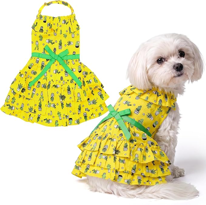 Parisian Pet Cactus Dog Dress - Summer Clothes for Small Dogs Girl - Tropical Pet Dress - Beach Dog Outfit - Lightweight Puppy Clothes - Yellow Dresses for Dogs - Female Small Dog Clothes