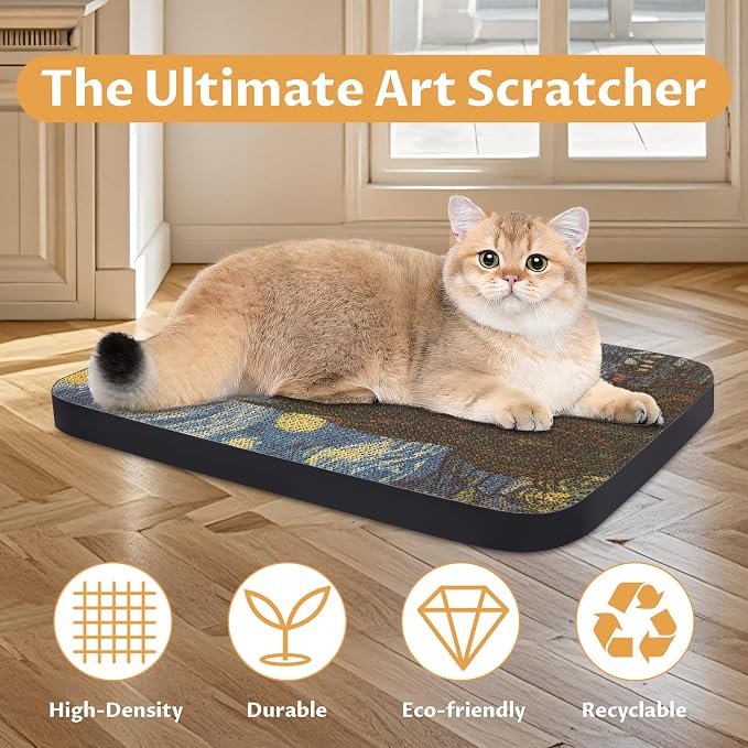 Cat Wall Scratcher, Art Cat Scratching Board for Indoor Cats | Wall Mounted Cat Scratch Pad, Water-Based Ink, Hook&Loop Strips, Floor or Wall Use, 16.7x11x1 Inch, Starry Night