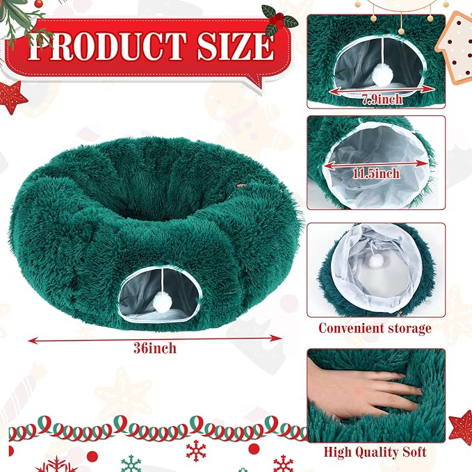 Cat Tunnel Christmas Tree Skirt Large Soft Plush Tunnel Bed Under Christmas Tree for Indoor Cats 36 Circle Donut Tube Bed with Central Mat for Cat Puppy Rabbit Kitten Xmas Gifts(Green)