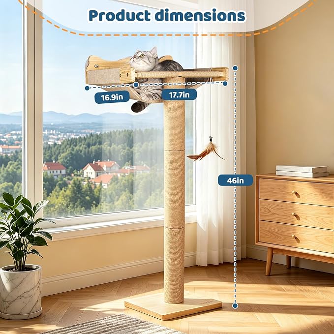 46" Tall Cat Scratching Post with Window Perch | Natural Linen Mat, 3-Piece Detachable Sisal Posts, Drill-Free Suction Cup Mount, Elevated Privacy Hammock, 45 LBS Capacity