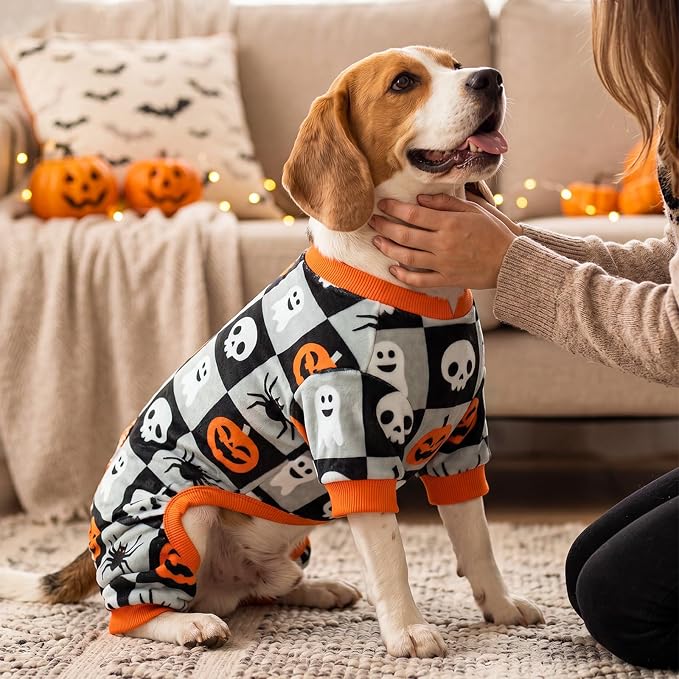 KYEESE Dog Halloween Pajamas Velvet Onesie Checkered Pumpkin Ghost Print | Cozy Halloween Outfit, Great for Halloween Photos, 4-Way Stretch, Lightweight & Breathable, Gentle on Sensitive Skin