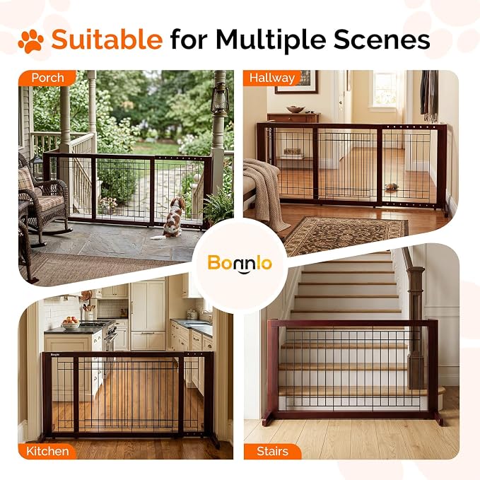 Bonnlo Free Standing Dog Gate, 37" - 68" Wide Pet Gate for Fireplace Stairs Doorways, Wooden Adjustable Pet Fence Indoor, Christmas Tree Gate (Cherry)