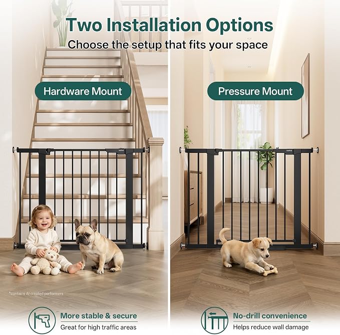 InnoTruth 29.6-39.1 in Wide Baby Gate for Stairs and Doorways, Black | Indoor Metal Dog Gate for Pets, Auto Close 2 Way Swing Walk Through Door, Double Lock & Y-Bolts, Pressure or Hardware Mount