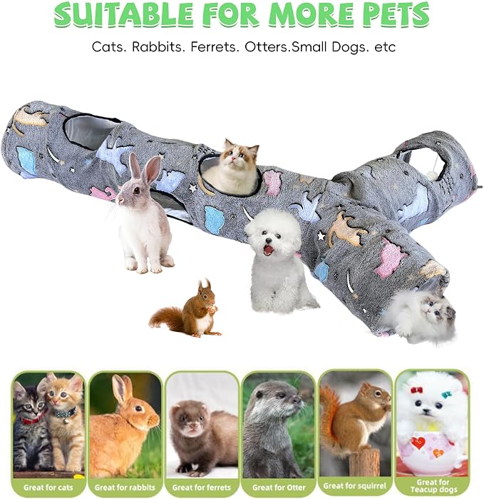 Cat Tunnel for Indoor Cats,Tree Trunk Cat Tunnels with Plush Ball Toys Collapsible,Stars, Moon Shape Self-Luminous, for Indoor Cats,Pets Bunny Rabbits, Kittens, Ferrets