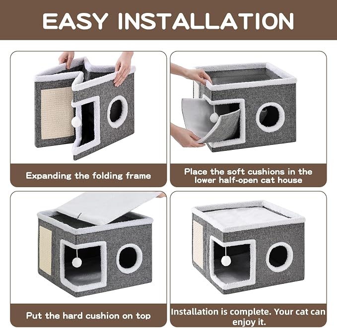 Large Cat Houses for Indoor Cats with Fluffy Ball and Scratch Pad | Foldable Cat Bed Cave for Multiple Pets, Kitten Bed for All Seasons, Non-slip, Hold Up to 30LBS, 16x16x13inch, Grey