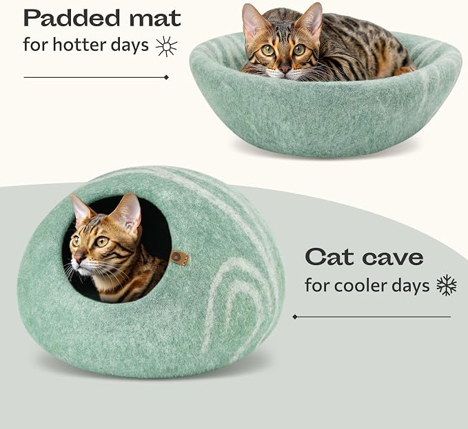 MEOWFIA Cat Cave – Premium Felt Cat Bed Enclosure for Indoor Cats, Handmade Merino Wool (Pistachio, Medium)