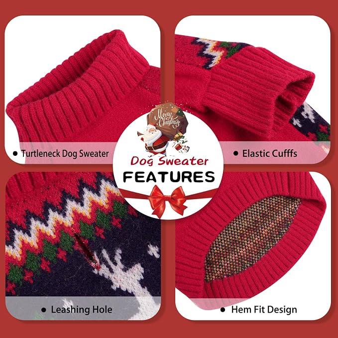 Queenmore Christmas Dog Sweater, Knitted Pullover Turtleneck Outfit, Warm Clothes for Small Dogs Boys or Girls S