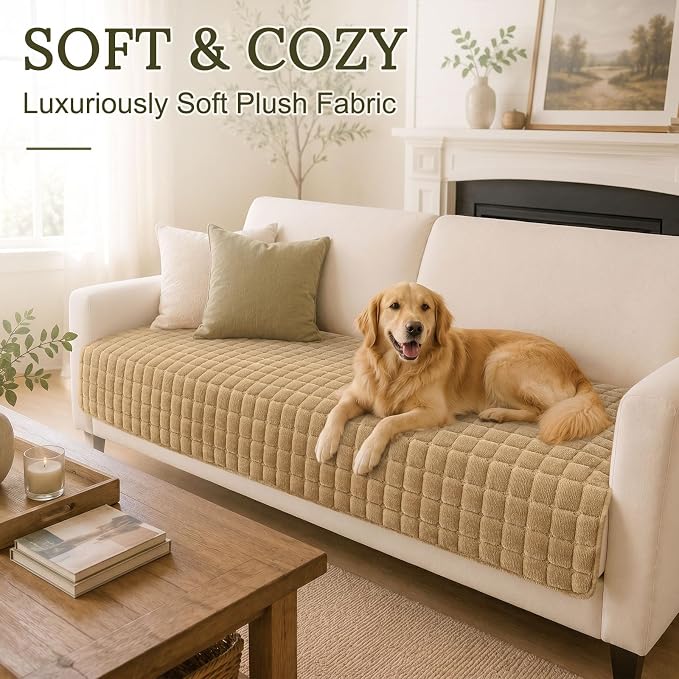 Smiry Velvet Couch Cover for Dogs, Non Slip Soft Sofa Protector for Pets | Washable Sofa Cover for Cats, Cozy Furniture Protector Against Pet Hair, Scratches, Fits Sectional Sofa(Camel, 36"x71")
