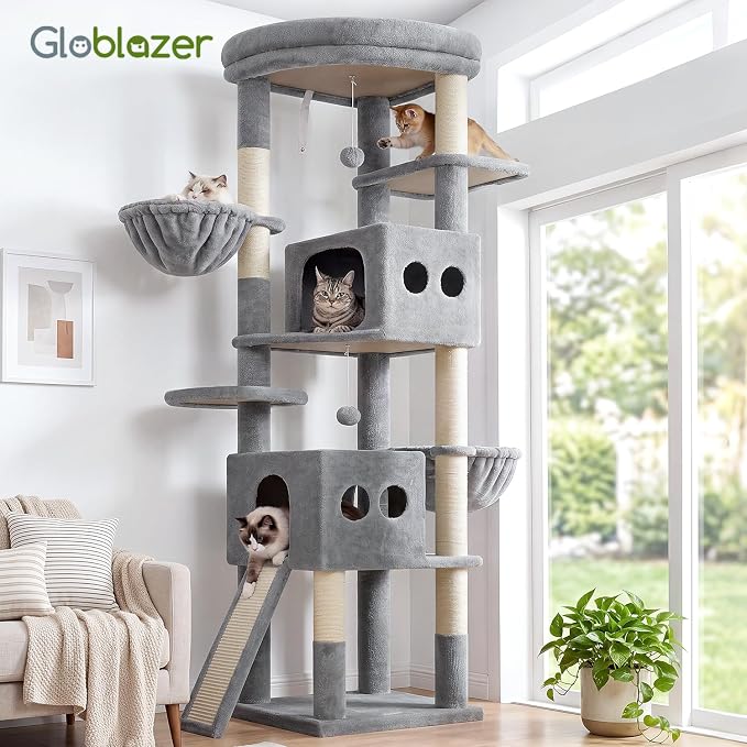 Globlazer S74G 74in Tall Cat Tree for Indoor Cats Large Adult, Beige | Sturdy Heavy Duty Cat Tree Tower for Multiple Cats with 7 Scratching Posts, 2 Spacious Condos, 2 Hanging Baskets