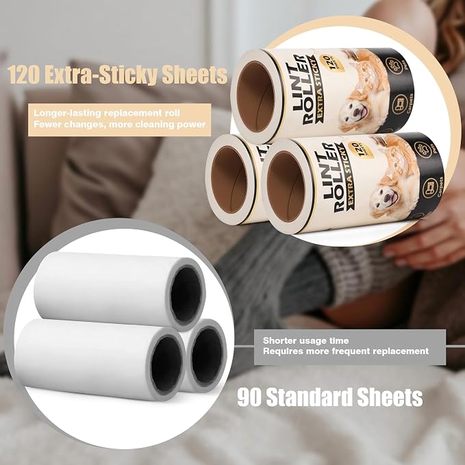 Extra Sticky Lint Roller Refills for Pet Hair Removal, 10 Rolls | No handle included. 10 rolls, 120 easy-tear sheets each, 1,200 total for dog and cat hair on clothes and furniture.