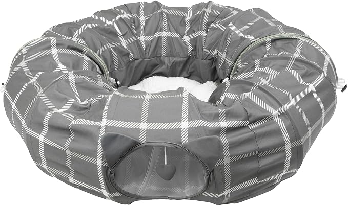 Kitty City Large Cat Tunnel Bed, 2-in-1 Zip-Together Cat Play Tunnel & Plush Nap Bed, Pop-Up Indoor Cat Toy with Hanging Toys, Collapsible Design - Grey