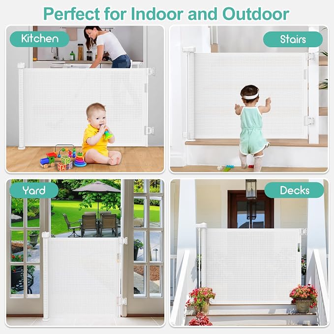 EZIGO 55 Inch Retractable Baby Gates Extra Wide Baby Dog Gate for Stairs | 34 Inch Tall Retractable Dog Gate, One-Hand Operation Mesh Safety Pet Gate for Deck, Porch, Doorways Indoor Outdoor, White