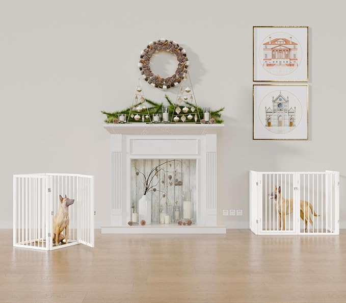 Vantas 80" x 24" Foldable Freestanding Extra Wide Dog Gate with Door,White | Pet Gate for Stairs and Doorways, Renter Friendly No Drill, Indoor Pet Fence Extra Wide, Easy Storage, With Support Feet