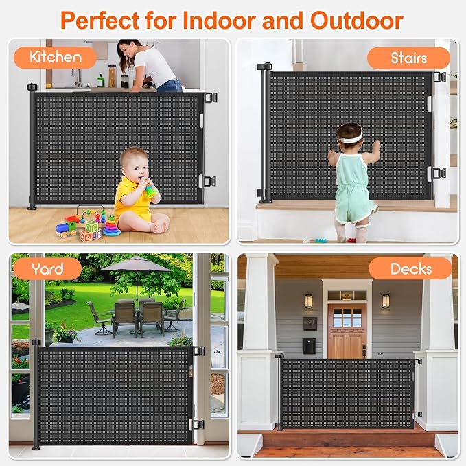 EZIGO 71 Inch Retractable Baby Gates Extra Wide Baby Dog Gate for Stairs | 34 Inch Tall Retractable Dog Gate, One-Hand Operation Mesh Safety Pet Gate for Deck, Porch, Doorways Indoor Outdoor, Black