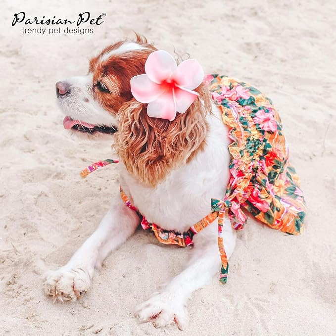 Parisian Pet Hawaiian Dog Dress - 100% Cotton Summer Clothes for Large Dogs Girl - Pet Dress with Pull-Up Straps - Floral Beach Dog Outfit - Lightweight Puppy Clothes - Stylish Dresses for Dogs