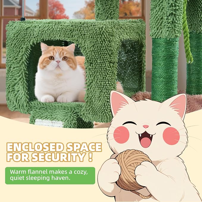 TWDEPART 37.5" All-in-One Cat Tree Tower with Scratching Board & Posts Cozy Sleeping Perch Hammock and Toy Balls, Green