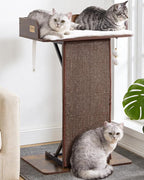 Modern Wood Cat Tree Tower for Indoor Large Adult Cats with Big Perch Bed | 33.8in Tall Wooden Cat Trees with Platform, Cat Scratching Pads, Washable Cushions, Cat Furniture for Window, Rustic Brown