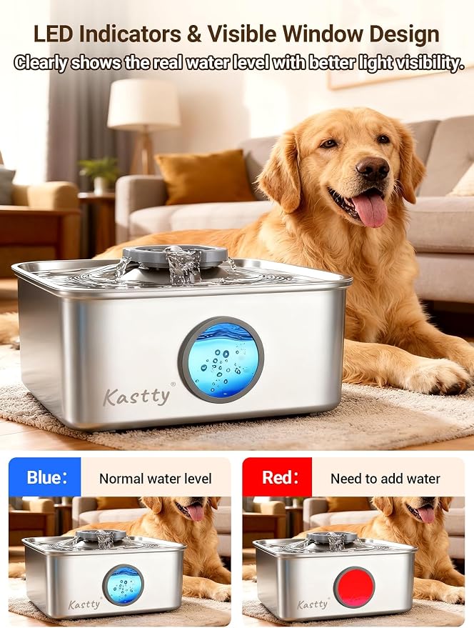 Kastty 15L/4 Gal Dog Water Fountain, Stainless Steel Large Pet Water Fountain with Water Level LED Light, Quiet Automatic Dog Water Bowl Dispenser for Dogs Inside Easy Cleaning FS79