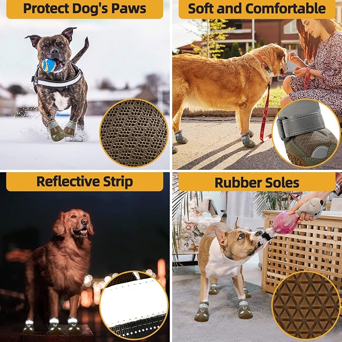 Dog Boots for Large Dogs, Medium Dog Boots & Paw Protectors for Hardwood Floors, Outdoor Dog Booties for Hot Pavement Winter Snow Hiking, Dog Shoes with Reflective Strips
