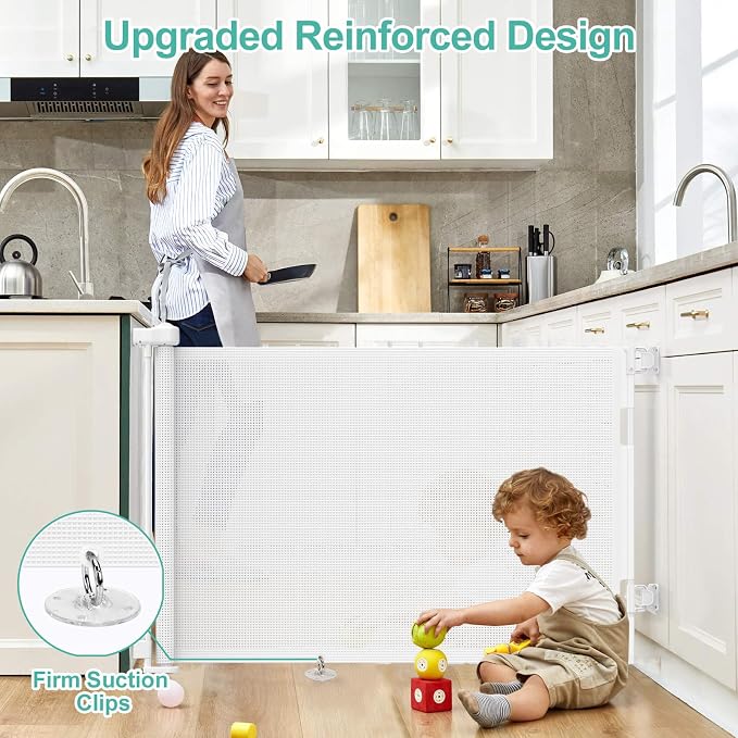 EZIGO 55 Inch Retractable Baby Gates Extra Wide Baby Dog Gate for Stairs | 34 Inch Tall Retractable Dog Gate, One-Hand Operation Mesh Safety Pet Gate for Deck, Porch, Doorways Indoor Outdoor, White