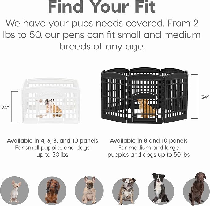 IRIS USA 6-Panel Dog Playpen, Pet Enclosure, White | Puppy Training, Custom Pen Configuration, Flexible Boundary, Configurable Layout, Secure Door Latch, Stable Non-Tip Base