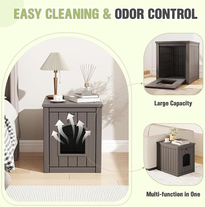 Cat Litter Box Enclosure, Feral Outdoor Cat Enclosure Weatherproof for Winter Outside, Litter Box Furniture Fit Litter Box, Sturdy Resin Shelter for Living Room, Easy to Assemble, Grey