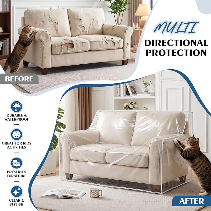 TAOCOCO Plastic Couch Covers 68" W Heavy Duty Clear 2 Seat Sofa Covers, Thick Vinyl Loveseat Couch Cover for Dog & Cat, Waterproof & Dustproof Sofa Furniture Protector for Storage and Moving
