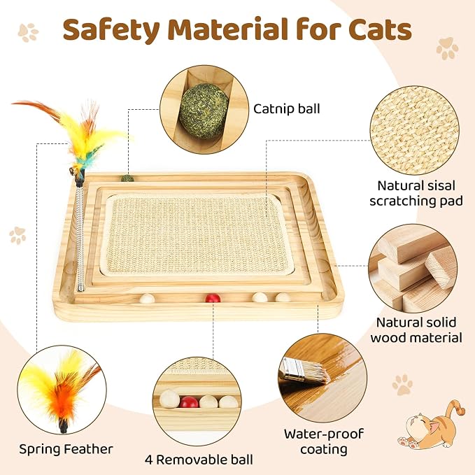 Cat Scratcher, Sisal Cat Scratcher Toy with Ball Track Spring Ball, Wooden Interactive Toy for Indoor Cats and Kittens Chasing Hunting Mental Physical Exercise Puzzle