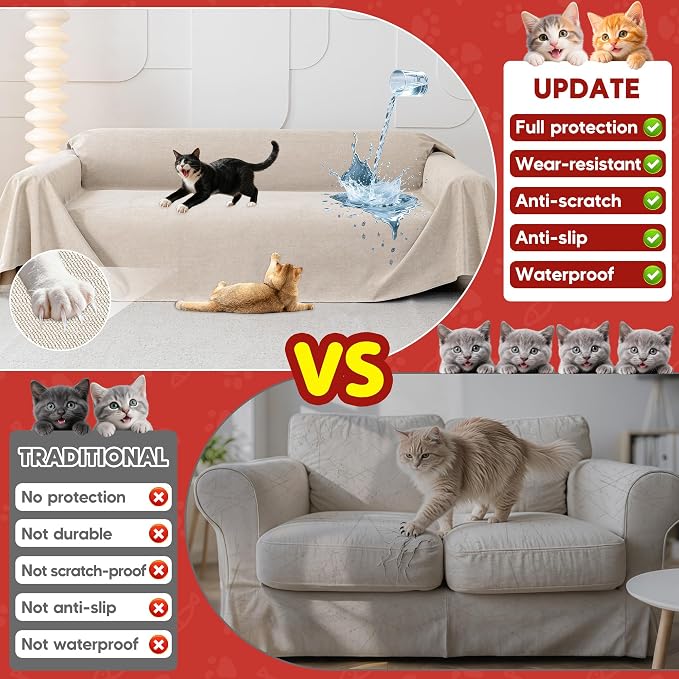 Loiion Cat Scratch Proof Furniture Protector Waterproof Sofa Cover 150"x71" | Pet-Friendly Couch Protector, Anti-Scratch & Anti-Slip Sofa Cover For Cats Dogs Kids, Machine Washable