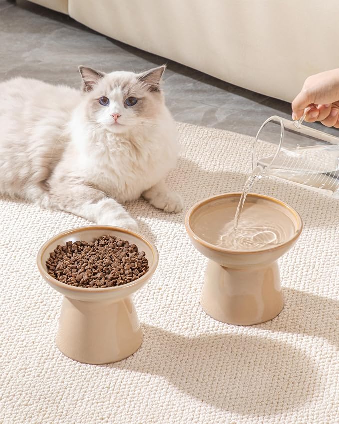 vancasso Ceramic Elevated Cat Bowls 2-Pack - 6.2" Extra Wide Raised Cat Food & Water Dishes, 5.1" Optimal Height Anti-Whisker Fatigue Shallow Bowls for Cats/Kittens/Dogs, Lead & Cadmium Free (Brown)